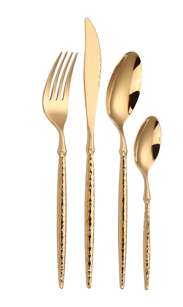 Set de Couverts en Acier Inoxydable 4 Pièces - Design Marteau Doré et Argenté - Couteau, Fourchette, Cuillère - Style Occidental Élégant