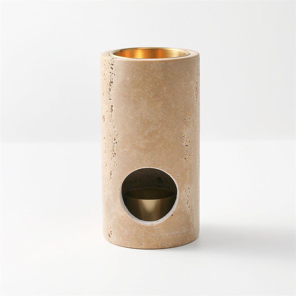 Diffuseur d’Huiles Essentielles en Travertin Beige – Brûleur Cylindrique 7x17CM avec Éléments en Métal