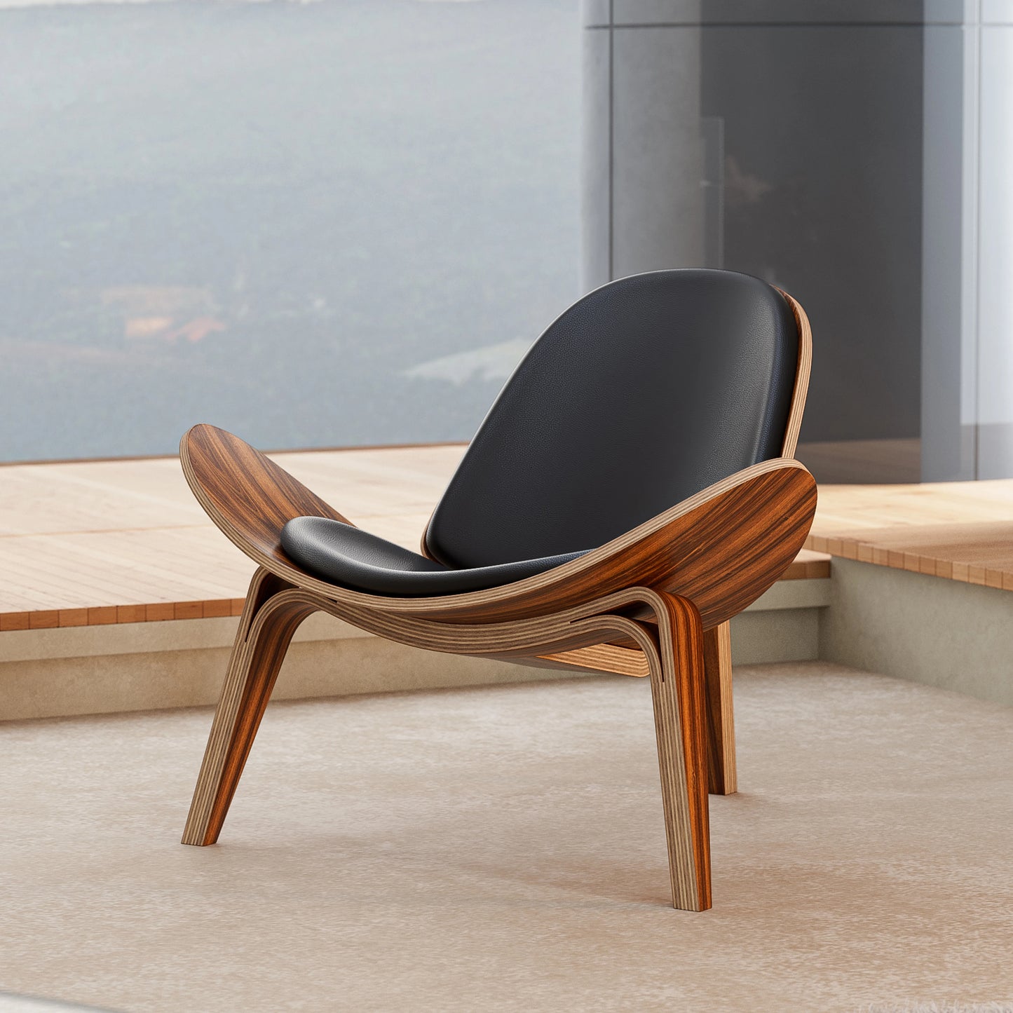 Fauteuil lounge coque style danois – Design nordique Mid-Century en bois palissandre noir et simili cuir – Pour salon, bureau ou espace coiffure