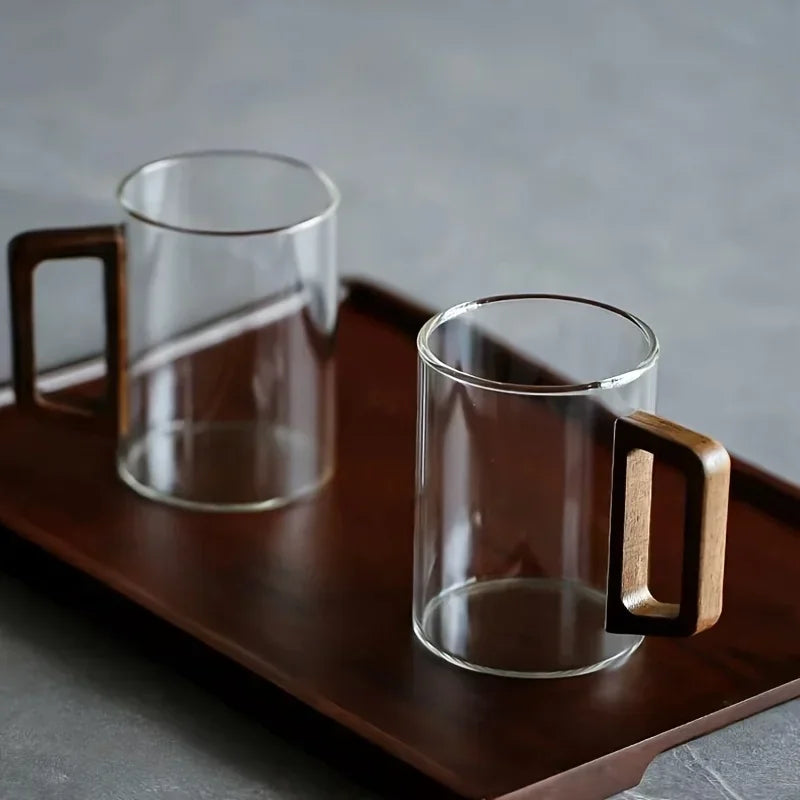 Tasse en Verre avec Anse en Noyer – Mug Résistant à la Chaleur 400ml pour Thé, Café ou Boissons Chaudes | Lot de 1 ou 2 Tasses Design Bureau & Maison