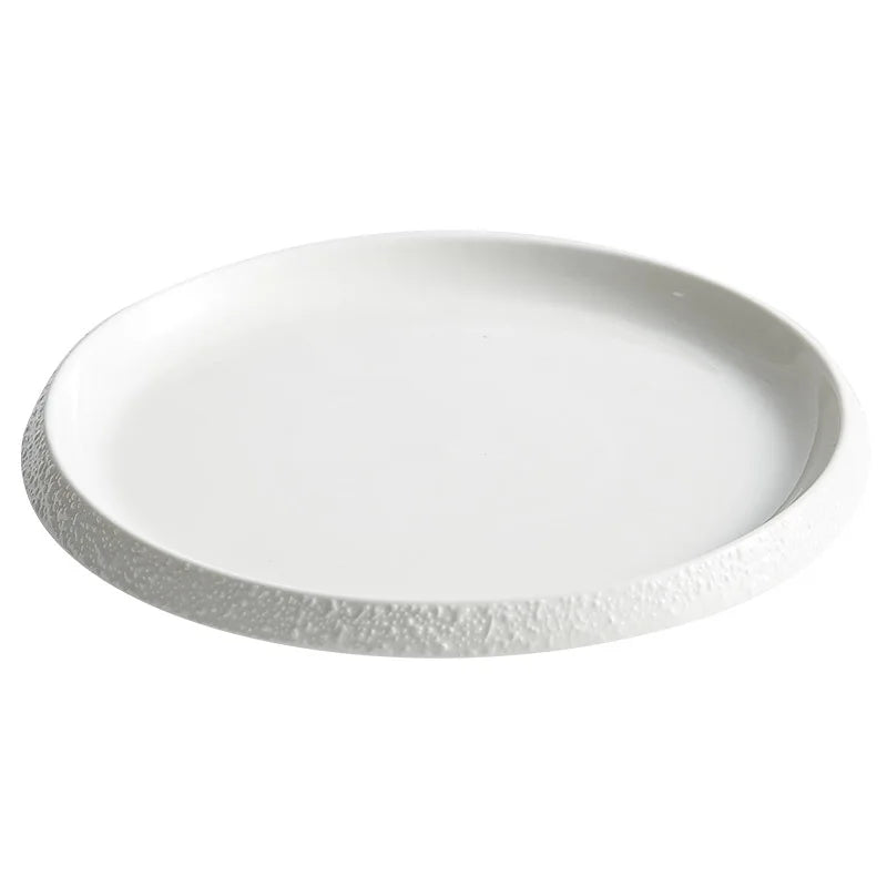 Assiette en Porcelaine Blanche avec Bord Imitation Pierre - Vaisselle Artistique pour Hôtel et Cuisine Maison