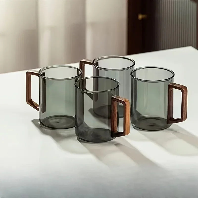 Tasse en Verre avec Anse en Noyer – Mug Résistant à la Chaleur 400ml pour Thé, Café ou Boissons Chaudes | Lot de 1 ou 2 Tasses Design Bureau & Maison