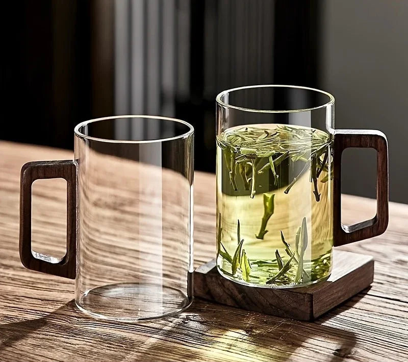 Tasse en Verre avec Anse en Noyer – Mug Résistant à la Chaleur 400ml pour Thé, Café ou Boissons Chaudes | Lot de 1 ou 2 Tasses Design Bureau & Maison
