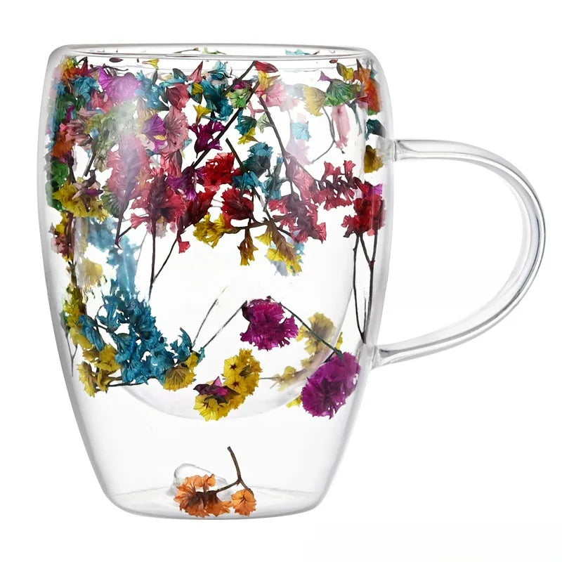 Tasse en Verre Ondulé avec Fleurs Séchées – Verre Transparent pour Café, Lait, Thé, Jus ou Décoration