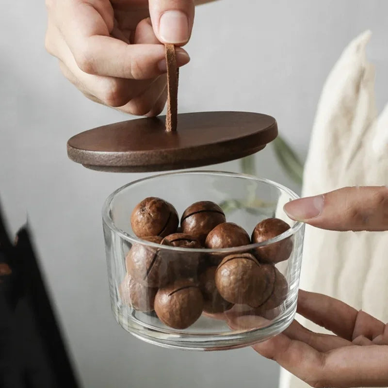 Pot de Rangement en Verre avec Plateau Divisé – Stockage Fruits Secs & Snacks avec Couvercle en Bois