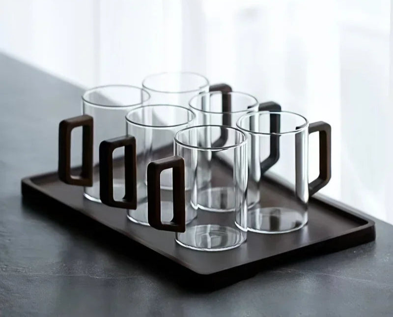 Tasse en Verre avec Anse en Noyer – Mug Résistant à la Chaleur 400ml pour Thé, Café ou Boissons Chaudes | Lot de 1 ou 2 Tasses Design Bureau & Maison