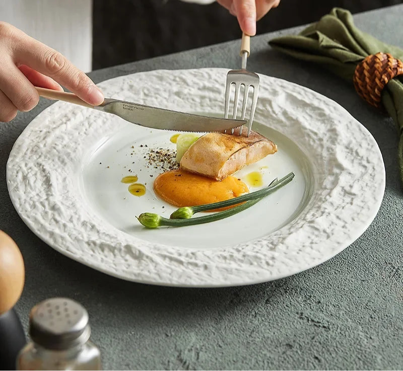 Assiette en Céramique Motif Pierre – Vaisselle Artistique pour Steak, Petit-Déjeuner et Dim Sum