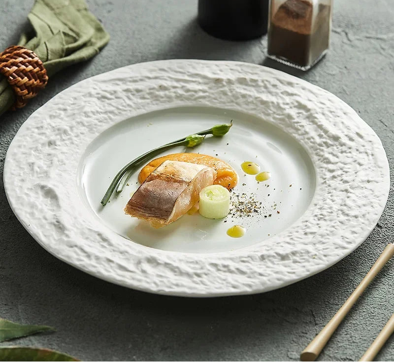 Assiette en Céramique Motif Pierre – Vaisselle Artistique pour Steak, Petit-Déjeuner et Dim Sum