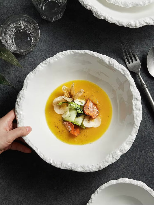 Bol à Soupe en Céramique Blanche avec Texture Roche - Vaisselle Créative pour Cuisine et Restaurant