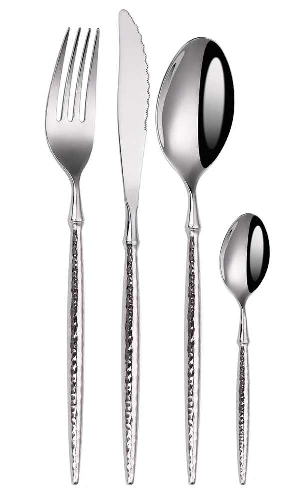 Set de Couverts en Acier Inoxydable 4 Pièces - Design Marteau Doré et Argenté - Couteau, Fourchette, Cuillère - Style Occidental Élégant