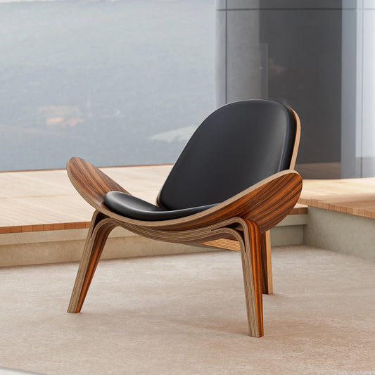 Fauteuil lounge coque style danois – Design nordique Mid-Century en bois palissandre noir et simili cuir – Pour salon, bureau ou espace coiffure