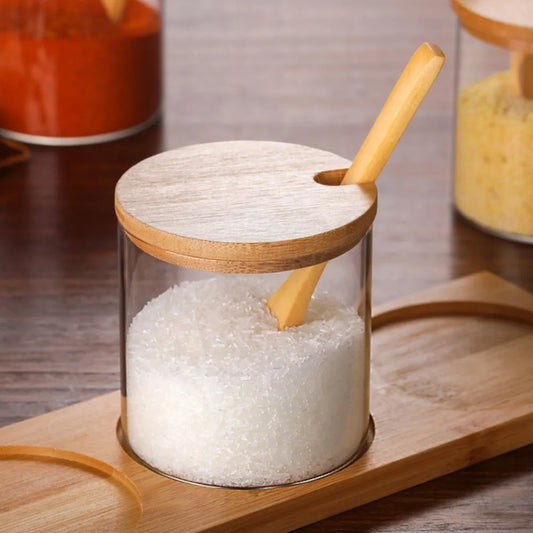 Pot de Conservation en Verre 300ml – Boîte à Épices avec Couvercle en Bambou et Cuillère