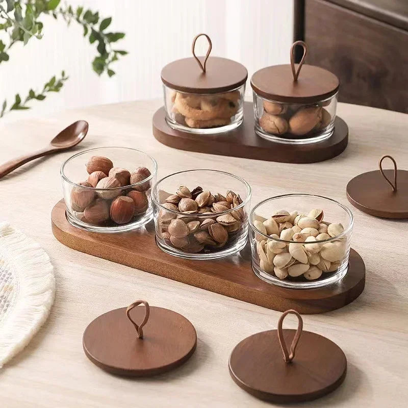 Pot de Rangement en Verre avec Plateau Divisé – Stockage Fruits Secs & Snacks avec Couvercle en Bois