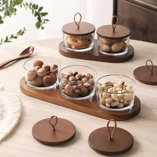 Pot de Rangement en Verre avec Plateau Divisé – Stockage Fruits Secs & Snacks avec Couvercle en Bois