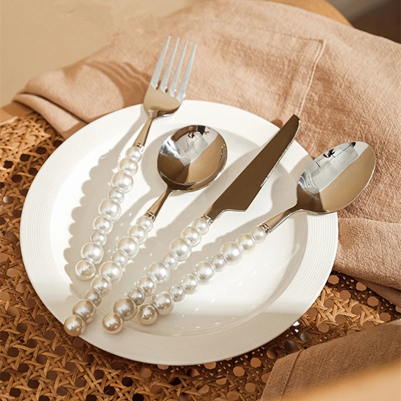Set de couverts en acier inoxydable 304 avec poignée en perles – 4 pièces