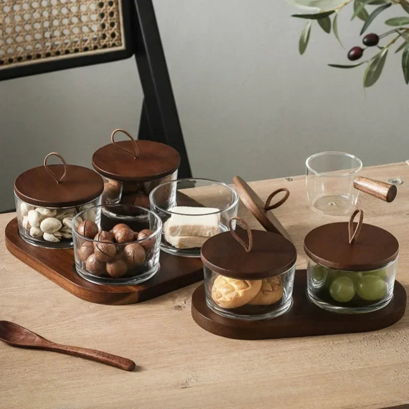 Pot de Rangement en Verre avec Plateau Divisé – Stockage Fruits Secs & Snacks avec Couvercle en Bois