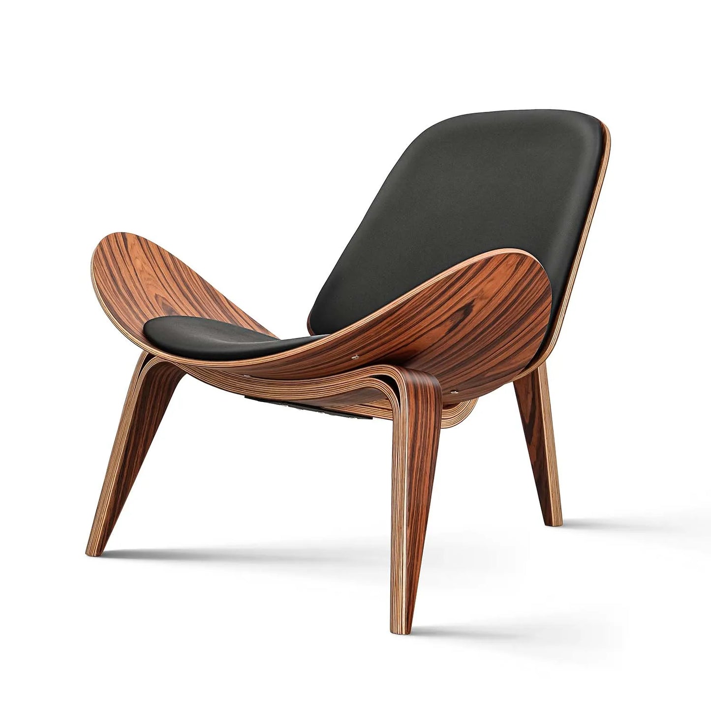 Fauteuil lounge coque style danois – Design nordique Mid-Century en bois palissandre noir et simili cuir – Pour salon, bureau ou espace coiffure