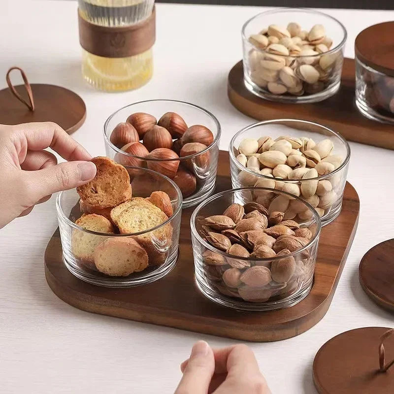 Pot de Rangement en Verre avec Plateau Divisé – Stockage Fruits Secs & Snacks avec Couvercle en Bois