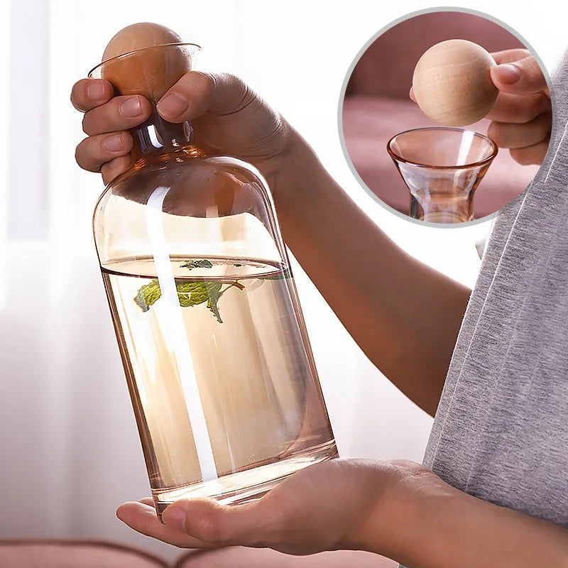Carafe en Verre Style Nordique avec Couvercle en Bois – Pichet d’Eau et Boissons Froides