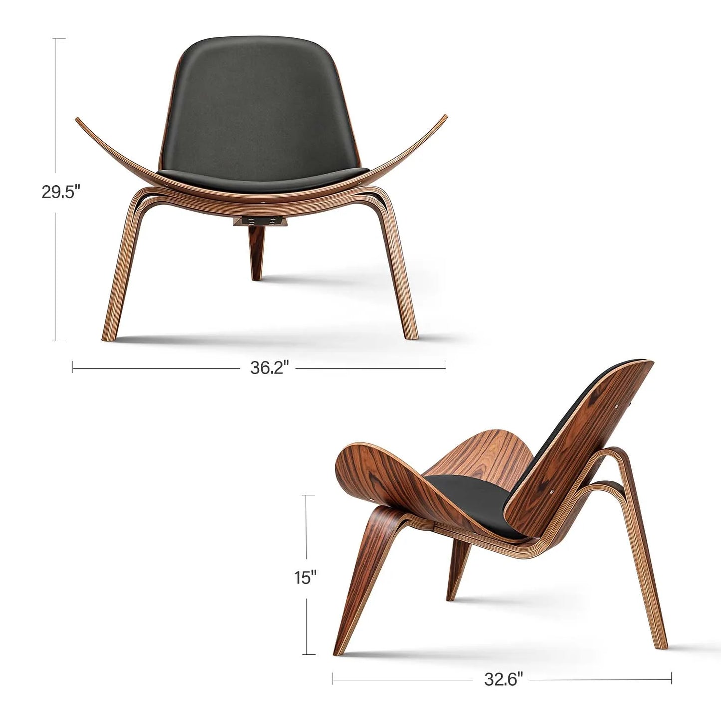 Fauteuil lounge coque style danois – Design nordique Mid-Century en bois palissandre noir et simili cuir – Pour salon, bureau ou espace coiffure