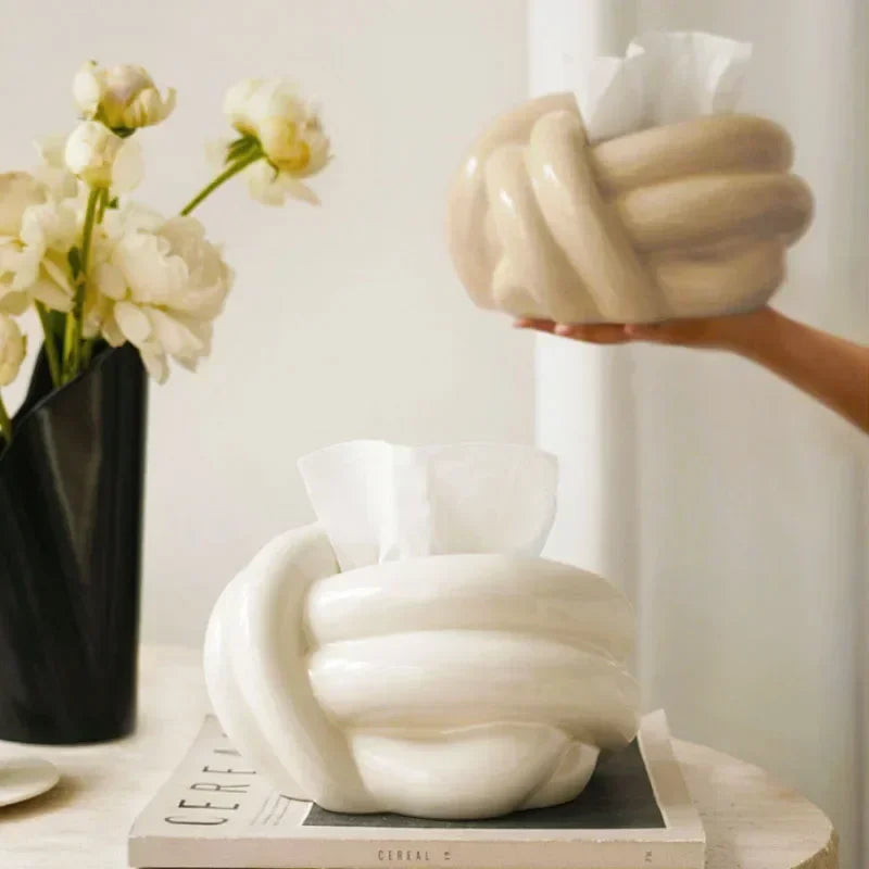 Boîte à Mouchoirs en Céramique Forme de Nœud – Porte-Serviettes Moderne et Créatif Style Européen pour Salon, Bureau et Table Basse