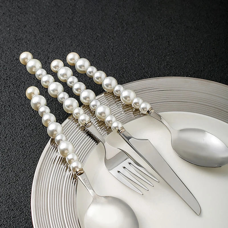Set de couverts en acier inoxydable 304 avec poignée en perles – 4 pièces