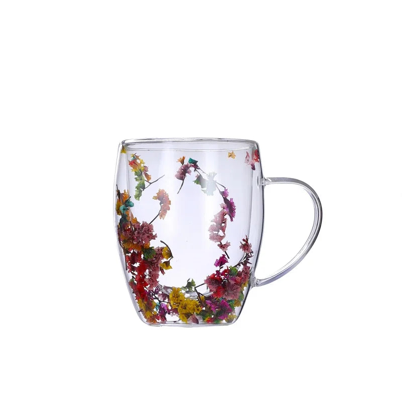 Tasse en Verre Ondulé avec Fleurs Séchées – Verre Transparent pour Café, Lait, Thé, Jus ou Décoration