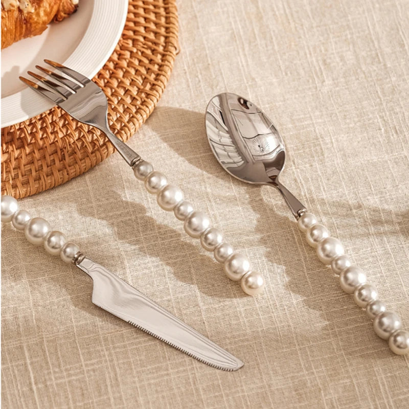 Set de couverts en acier inoxydable 304 avec poignée en perles – 4 pièces