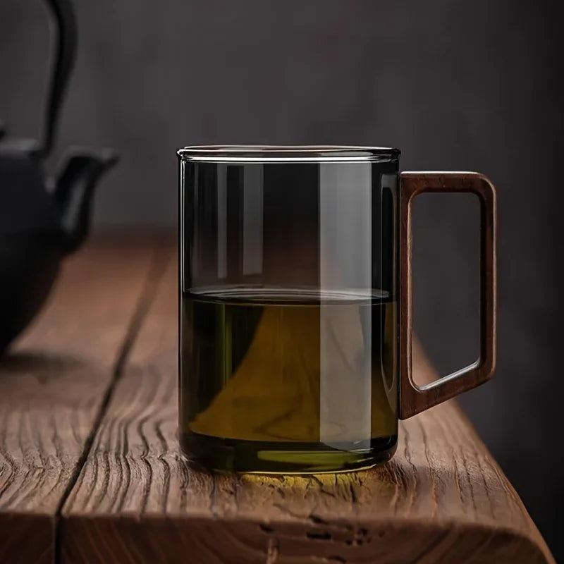 Tasse en Verre avec Anse en Noyer – Mug Résistant à la Chaleur 400ml pour Thé, Café ou Boissons Chaudes | Lot de 1 ou 2 Tasses Design Bureau & Maison