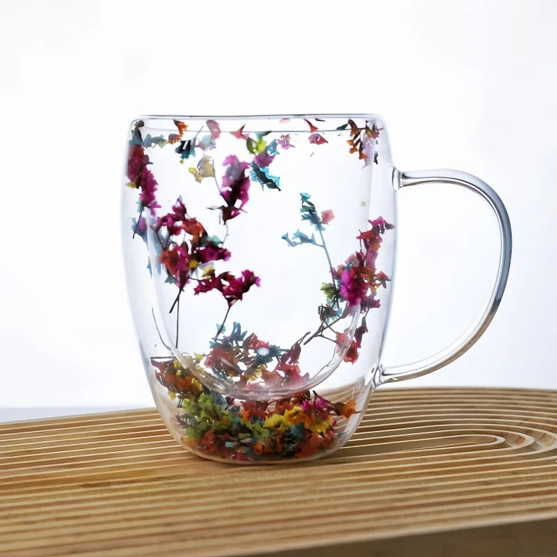 Tasse en Verre Ondulé avec Fleurs Séchées – Verre Transparent pour Café, Lait, Thé, Jus ou Décoration