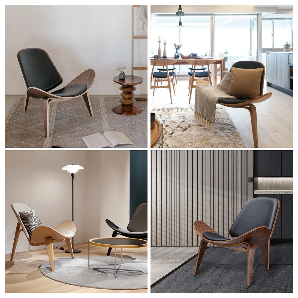 Fauteuil lounge coque style danois – Design nordique Mid-Century en bois palissandre noir et simili cuir – Pour salon, bureau ou espace coiffure