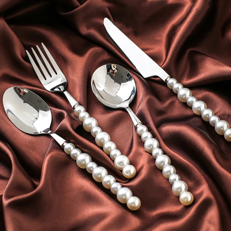 Set de couverts en acier inoxydable 304 avec poignée en perles – 4 pièces
