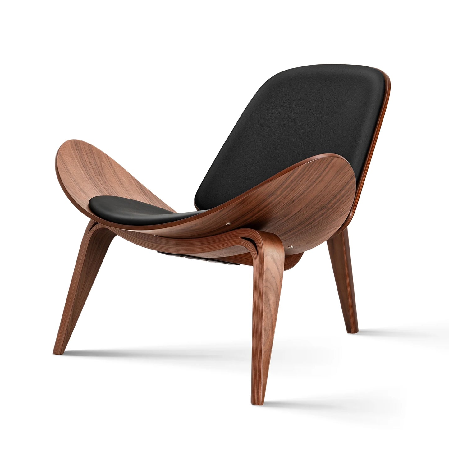 Fauteuil lounge coque style danois – Design nordique Mid-Century en bois palissandre noir et simili cuir – Pour salon, bureau ou espace coiffure