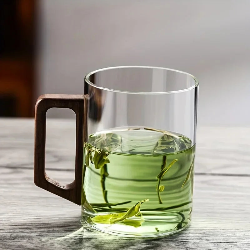 Tasse en Verre avec Anse en Noyer – Mug Résistant à la Chaleur 400ml pour Thé, Café ou Boissons Chaudes | Lot de 1 ou 2 Tasses Design Bureau & Maison