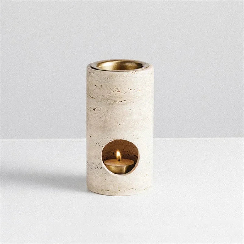 Diffuseur d’Huiles Essentielles en Travertin Beige – Brûleur Cylindrique 7x17CM avec Éléments en Métal