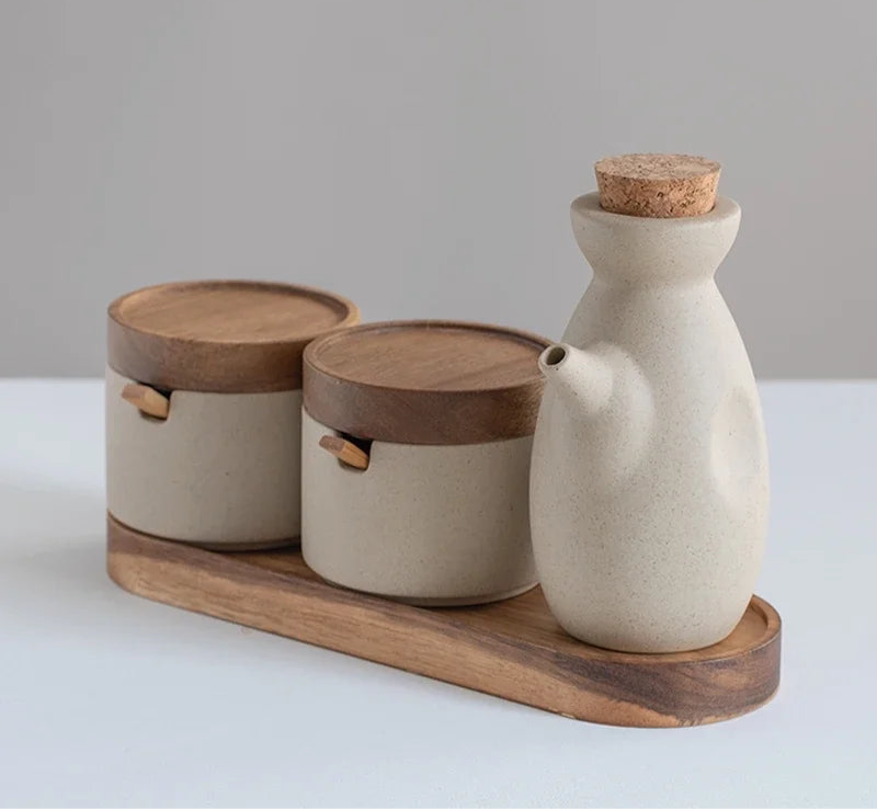 Set de Pots à Épices Japonais – Salière, Poivrière & Huilier en Céramique