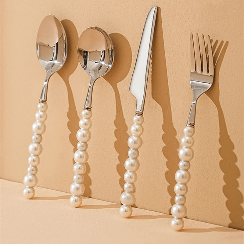 Set de couverts en acier inoxydable 304 avec poignée en perles – 4 pièces