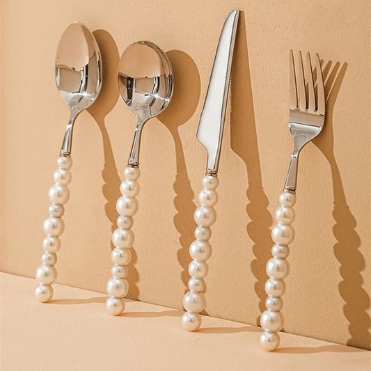 Set de couverts en acier inoxydable 304 avec poignée en perles – 4 pièces