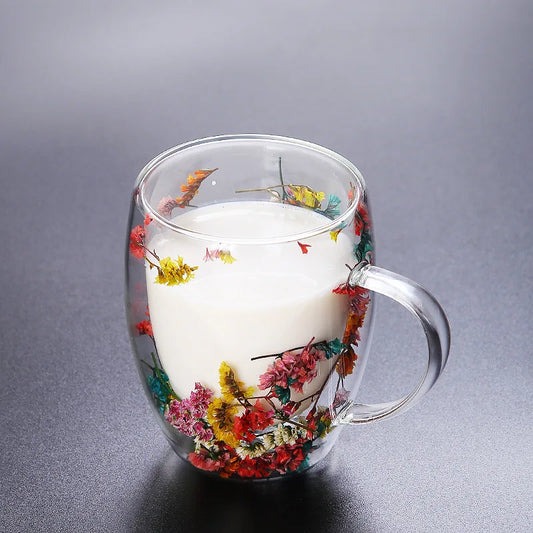 Tasse en Verre Ondulé avec Fleurs Séchées – Verre Transparent pour Café, Lait, Thé, Jus ou Décoration